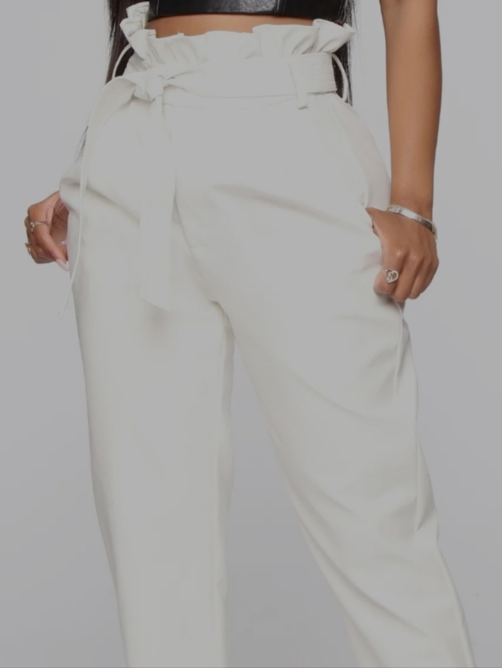 Bagatelle Paperbag High-Waist Trousers with Self-Tie Belt in White